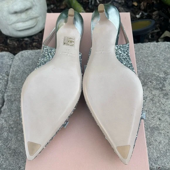 Miu Miu Slingback Silver Glitter Heels Size 37 - Picture 4 of 9